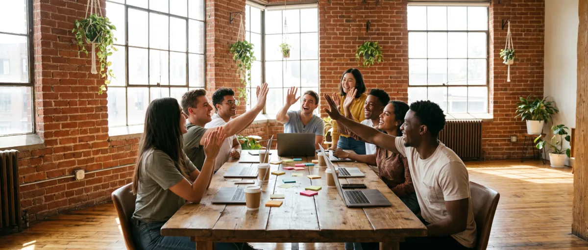 A team celebrating together with a high five in a bright open office